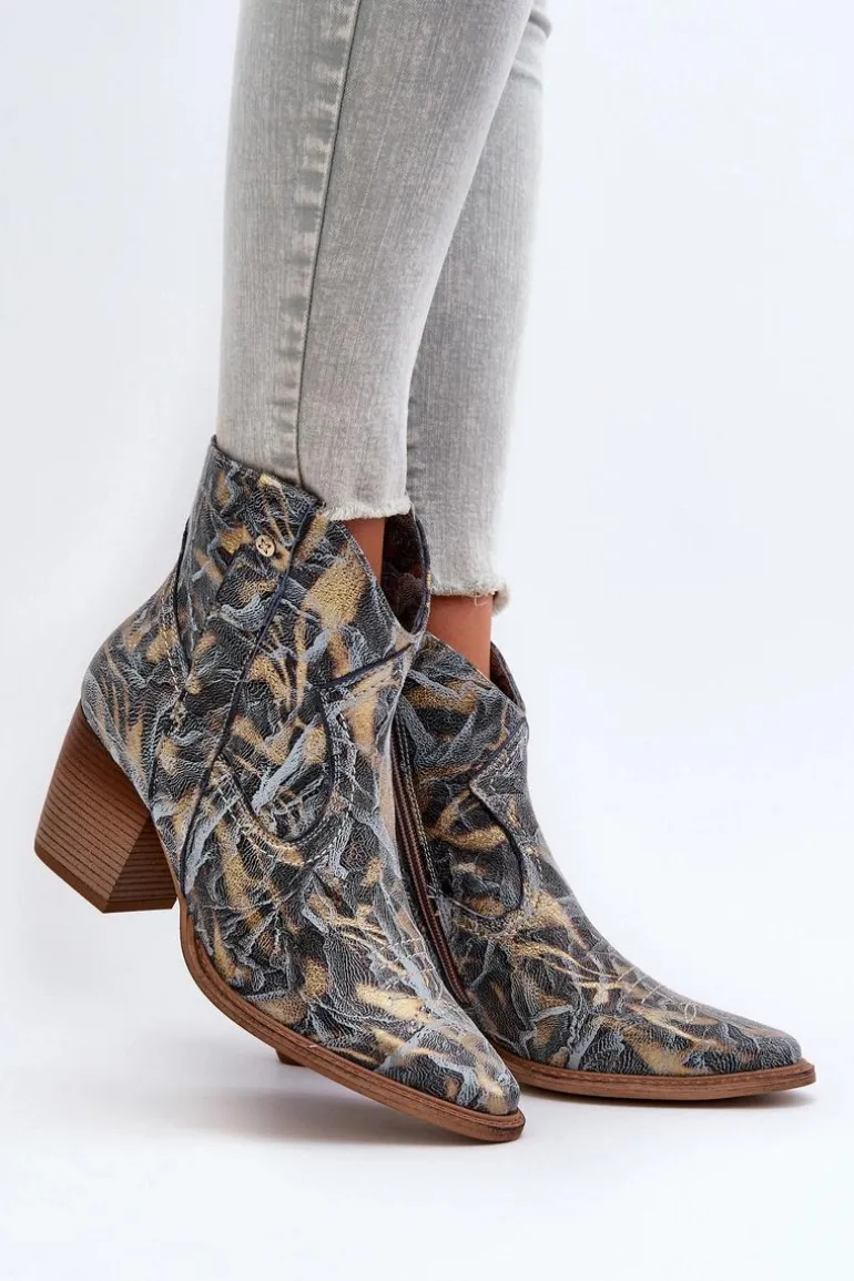 Botki Kowbojki Skórzane Damskie Na Obcasie Maciejka 05776-13 Niebieskie