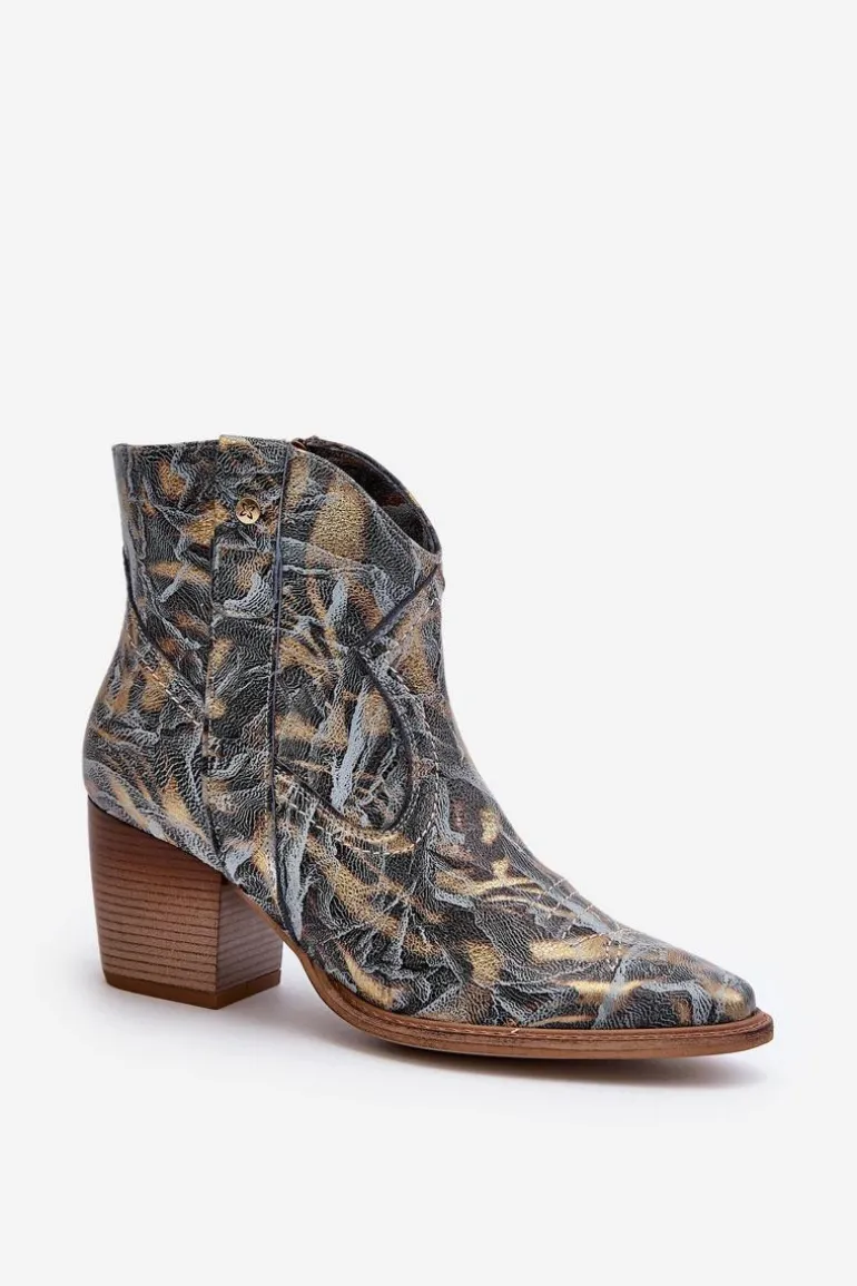 Botki Kowbojki Skórzane Damskie Na Obcasie Maciejka 05776-13 Niebieskie