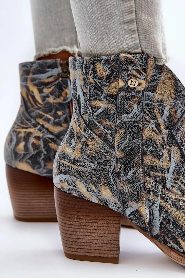 Botki Kowbojki Skórzane Damskie Na Obcasie Maciejka 05776-13 Niebieskie