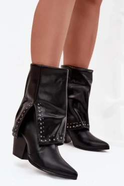 Botki Kowbojki Z Wywiniętą Cholewką I Zdobieniem Ocieplane Czarne Inessia
