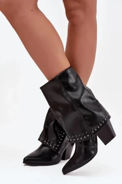 Botki Kowbojki Z Wywiniętą Cholewką I Zdobieniem Ocieplane Czarne Inessia