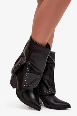 Botki Kowbojki Z Wywiniętą Cholewką I Zdobieniem Ocieplane Czarne Inessia