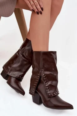 Botki Kowbojki Z Wywiniętą Cholewką I Zdobieniem Ocieplane Czekoladowe Inessia