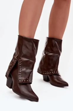 Botki Kowbojki Z Wywiniętą Cholewką I Zdobieniem Ocieplane Czekoladowe Inessia