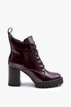 Botki Lakierowane Na Słupku Ocieplane Bordowe D&A MR870-54
