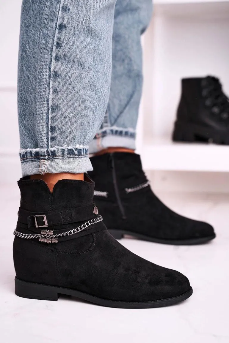 Botki Na Koturnie Z Łańcuszkiem Zamszowe Czarne Eliza