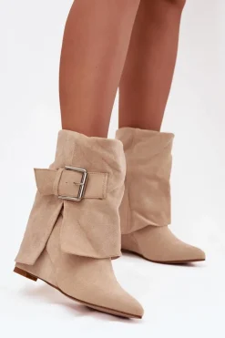 Botki Na Koturnie Z Wywiniętą Cholewką I Klamrą Eko Zamszowe Beżowe Vortinia