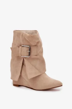 Botki Na Koturnie Z Wywiniętą Cholewką I Klamrą Eko Zamszowe Beżowe Vortinia