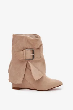 Botki Na Koturnie Z Wywiniętą Cholewką I Klamrą Eko Zamszowe Beżowe Vortinia