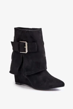 Botki Na Koturnie Z Wywiniętą Cholewką I Klamrą Eko Zamszowe Czarne Vortinia