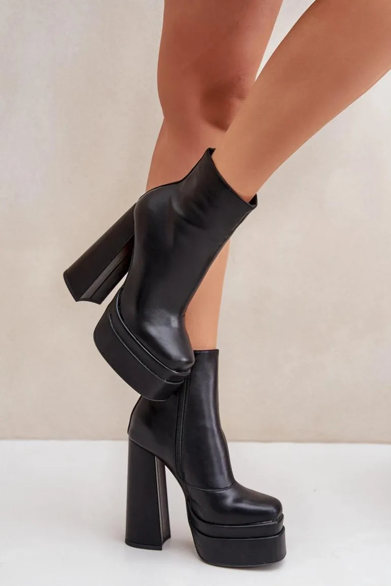 Botki Na Masywnej Platformie I Słupku Ocieplane Czarne Selahra