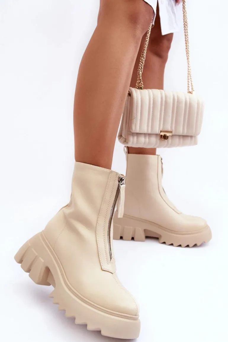 Botki Na Masywnej Platformie Z Suwakiem Beżowe Kusma