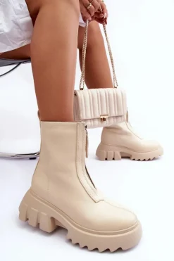 Botki Na Masywnej Platformie Z Suwakiem Beżowe Kusma