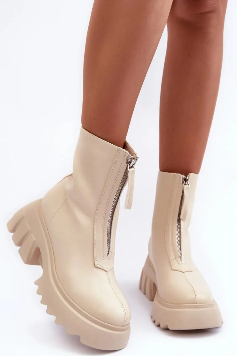 Botki Na Masywnej Platformie Z Suwakiem Beżowe Kusma