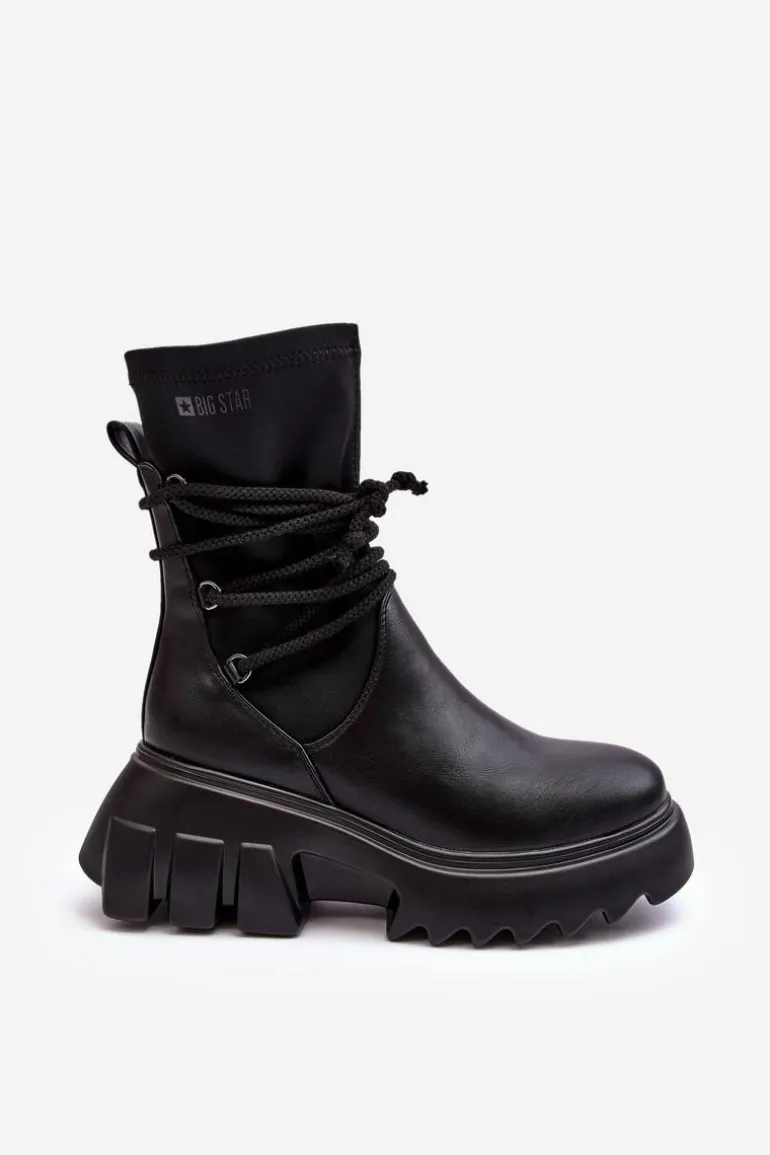Botki Na Masywnej Platformie Z Wiązaniem Czarne Big Star MM274590