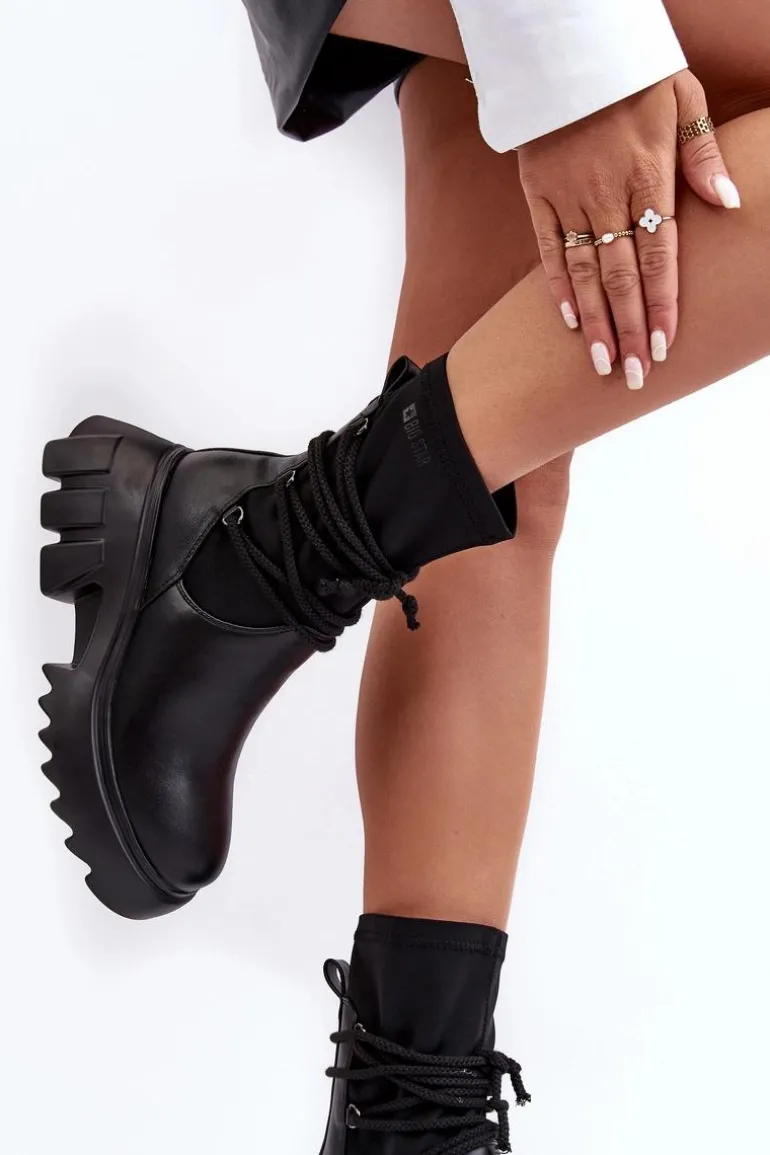 Botki Na Masywnej Platformie Z Wiązaniem Czarne Big Star MM274590