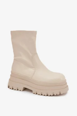 Botki Na Masywnej Platformie Eko Skórzane Beżowe Kylira