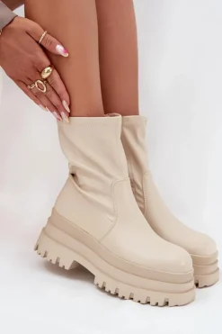 Botki Na Masywnej Platformie Eko Skórzane Beżowe Kylira