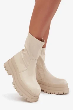 Botki Na Masywnej Platformie Eko Skórzane Beżowe Kylira