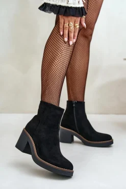 Botki Na Obcasie Słupku Eko Zamszowe Ocieplane Na Zamek Czarne Lerallea
