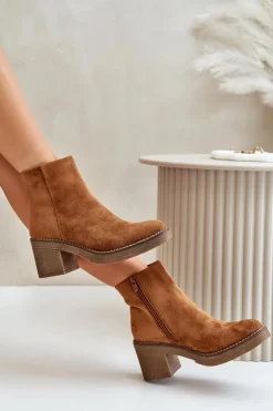 Botki Na Obcasie Słupku Eko Zamszowe Ocieplane Na Zamek Camel Lerallea