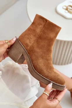 Botki Na Obcasie Słupku Eko Zamszowe Ocieplane Na Zamek Camel Lerallea