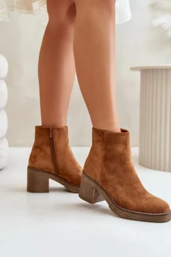 Botki Na Obcasie Słupku Eko Zamszowe Ocieplane Na Zamek Camel Lerallea