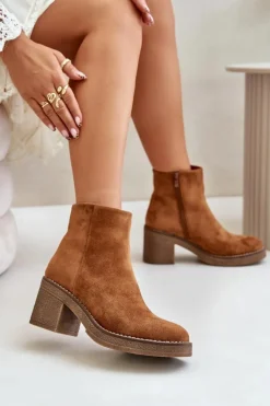 Botki Na Obcasie Słupku Eko Zamszowe Ocieplane Na Zamek Camel Lerallea