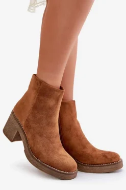 Botki Na Obcasie Słupku Eko Zamszowe Ocieplane Na Zamek Camel Lerallea