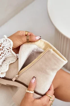 Botki Na Obcasie Słupku Eko Zamszowe Ocieplane Na Zamek Beżowe Lerallea