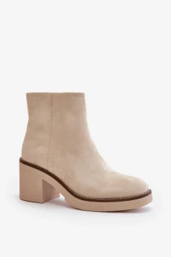 Botki Na Obcasie Słupku Eko Zamszowe Ocieplane Na Zamek Beżowe Lerallea
