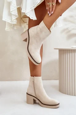 Botki Na Obcasie Słupku Eko Zamszowe Ocieplane Na Zamek Beżowe Lerallea