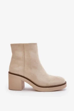 Botki Na Obcasie Słupku Eko Zamszowe Ocieplane Na Zamek Beżowe Lerallea
