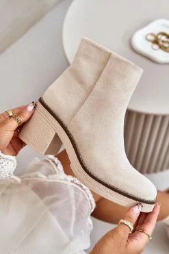 Botki Na Obcasie Słupku Eko Zamszowe Ocieplane Na Zamek Beżowe Lerallea