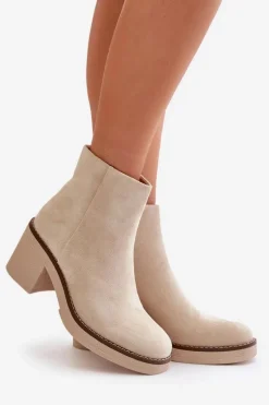 Botki Na Obcasie Słupku Eko Zamszowe Ocieplane Na Zamek Beżowe Lerallea
