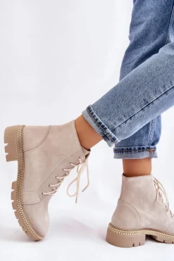 Botki Na Płaskim Obcasie Lewski Shoes 3285 Jasnobeżowe