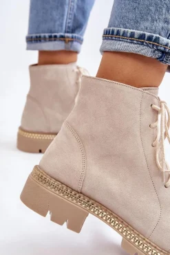 Botki Na Płaskim Obcasie Lewski Shoes 3285 Jasnobeżowe