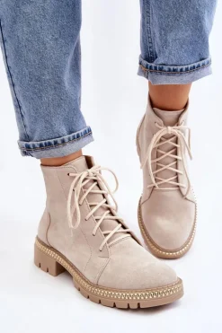 Botki Na Płaskim Obcasie Lewski Shoes 3285 Jasnobeżowe