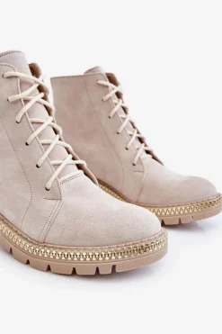 Botki Na Płaskim Obcasie Lewski Shoes 3285 Jasnobeżowe