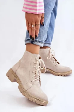 Botki Na Płaskim Obcasie Lewski Shoes 3285 Jasnobeżowe