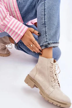 Botki Na Płaskim Obcasie Lewski Shoes 3285 Jasnobeżowe