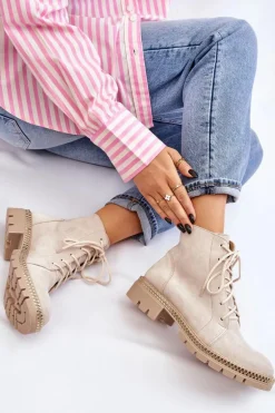 Botki Na Płaskim Obcasie Lewski Shoes 3285 Jasnobeżowe
