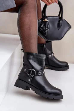 Botki Na Płaskim Obcasie Ocieplane Z Ozdobnymi Paskami Czarne Felilania