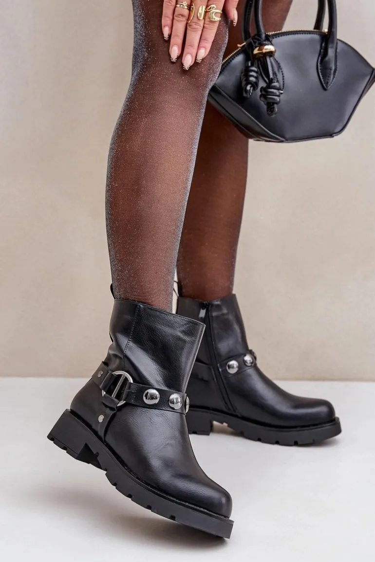 Botki Na Płaskim Obcasie Ocieplane Z Ozdobnymi Paskami Czarne Felilania