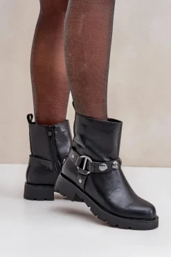 Botki Na Płaskim Obcasie Ocieplane Z Ozdobnymi Paskami Czarne Felilania