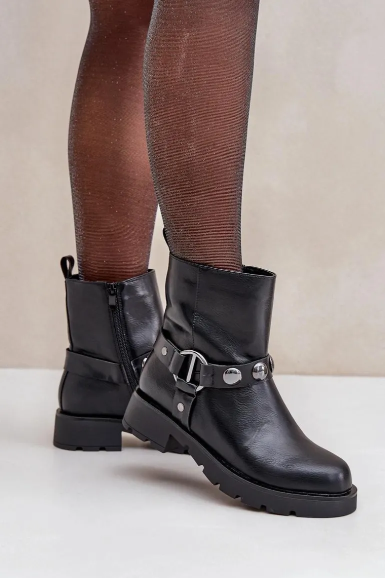 Botki Na Płaskim Obcasie Ocieplane Z Ozdobnymi Paskami Czarne Felilania