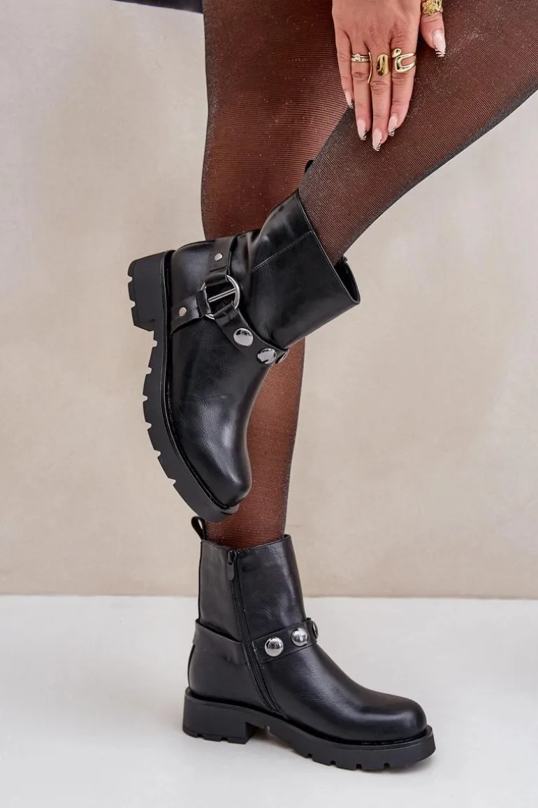 Botki Na Płaskim Obcasie Ocieplane Z Ozdobnymi Paskami Czarne Felilania