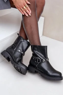 Botki Na Płaskim Obcasie Ocieplane Z Ozdobnymi Paskami Czarne Felilania