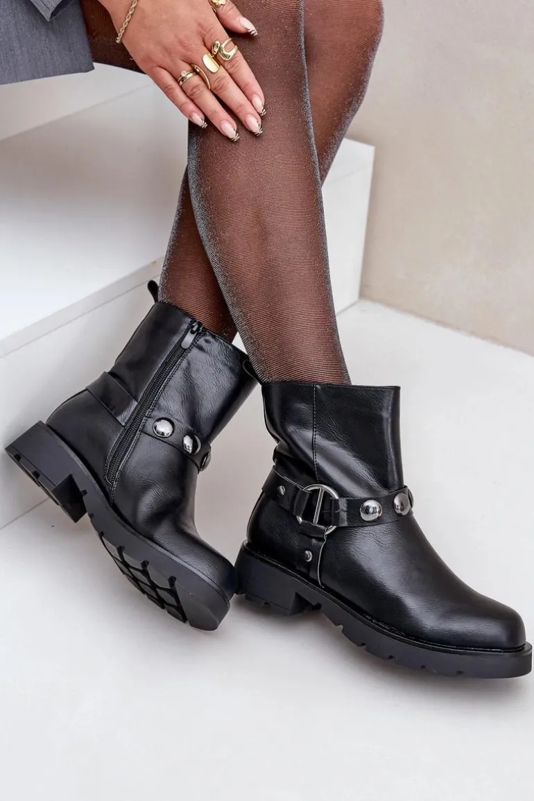 Botki Na Płaskim Obcasie Ocieplane Z Ozdobnymi Paskami Czarne Felilania