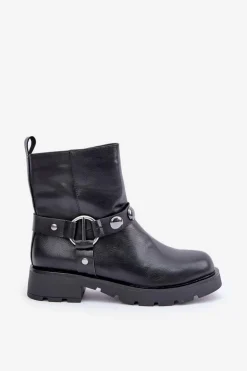 Botki Na Płaskim Obcasie Ocieplane Z Ozdobnymi Paskami Czarne Felilania